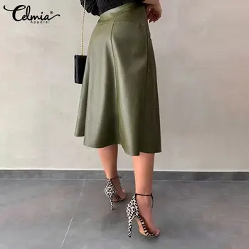 Celmia Fuste din Piele 2021 Primăvară de Moda pentru Femei Fusta Midi Office Lady Casual Vrac Solid Fusta a-Line Elegant Petrecere PU fusta