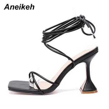 Aneikeh 2020 Femei Pantofi Sandale Glezna Curea de PU Moda Cross-legat pantofi cu Toc Dantelă-UpAnkle Curea de Petrecere Pătrat ToeSize35-42Black