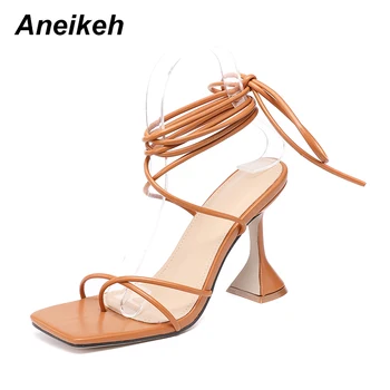 Aneikeh 2020 Femei Pantofi Sandale Glezna Curea de PU Moda Cross-legat pantofi cu Toc Dantelă-UpAnkle Curea de Petrecere Pătrat ToeSize35-42Black