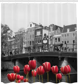 Alb și negru Perdea de Duș Fotografie alb-negru de la Amsterdam Canal cu Lalele Roșii și Case Decor Baie Set cu Cârlige 70