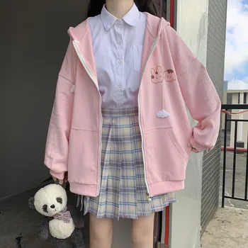 Noua Toamna Stil Preppy Femei Tricou Vrac Student Jachete Cu Glugă De Sex Feminin Supradimensionat Kawaii Roz Zip Jacket Topuri