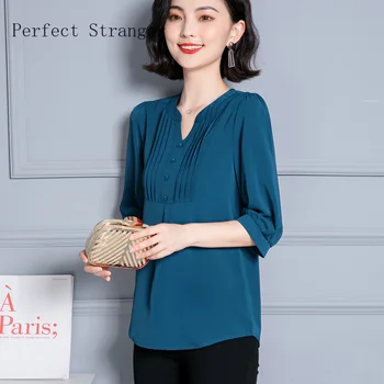 2020 AutumnNew Sosirea Vânzare Fierbinte V Guler Maneca Scurta Femei Șifon Bluza De Înaltă Calitate