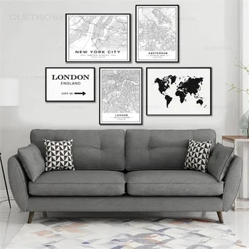 Moderne, New York, Paris, Londra City Lume Hărți Personalizate Alb Negru Tablouri Canvas Postere De Imprimare Arta De Perete Poza Decor Acasă