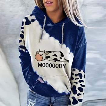 Femei Drăguț Vaca de Imprimare T-Shirt cu Maneci Lungi Rotunde Gât Casual cu Glugă Tricou Haine de Iarna Femei Streetwear Poleras