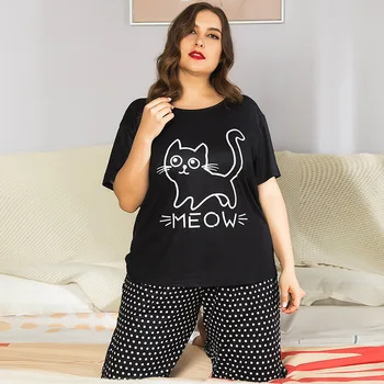 DOIB Plus Dimensiune Pijamale Femei de Desene animate Pisica Negru T-shirt, Pantaloni Lungi de Mari Dimensiuni Pijamale de Vara Vrac Homewear Două Piese de Costume