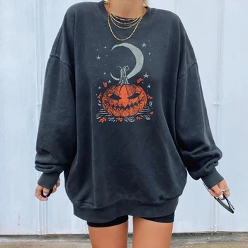 Streetwear Dovleac De Halloween Moon Star Print Femeie Hoodie O Gât Vrac Casual De Toamnă Negru Femei, Tricou De Moda