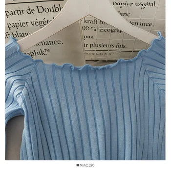 HELIAR de Pe Umăr tricotate tricouri Topuri femeile Încreți Dulce Primăvară Casual T-Shirt long Sleeve Stripe Slim Topuri Scurte All-Meci