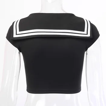 Gotic Rezervor De Top Pentru Femei Stil Japonez Pătratice Element Maneca Scurta Guler Marinar Crop Top Fata Culoare Negru