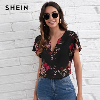 SHEIN Negru Notch Neck Dolman Sleeve Bluza pentru Femei de Top de Vara Maneca Scurta Slim Fit Casual Topuri si Bluze