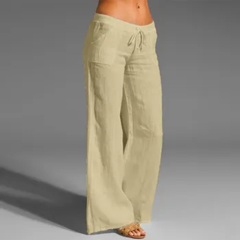 2020 Noua Moda Femei Pantaloni Casual Culoare Solidă Lenjerie de pat din Bumbac Elastic Talie Pantaloni Lungi Pantaloni Largi Picior femme pantalon