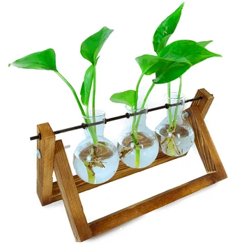 Plante Terariu Cu Suport De Lemn De Aer De Plantat Bec Vaza De Sticla Metal Suport Rotativ Pentru Hydroponics Home Garden Decor De Birou
