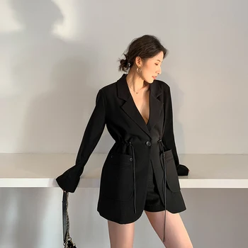 Femei Elegant Sacou Negru Casual Cordon Singur Buton Office Doamnelor Buzunare Sacou Costum De Sex Feminin 2020 Primăvară Nouă Sacouri
