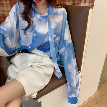 BF Redare Bluza Femei coreene Harajuku Vrac Cer Albastru Nori Albi Tie-dye Gradient Bluza Oversize Tricou cu Maneca Lunga Tricou