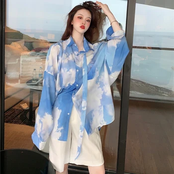 BF Redare Bluza Femei coreene Harajuku Vrac Cer Albastru Nori Albi Tie-dye Gradient Bluza Oversize Tricou cu Maneca Lunga Tricou
