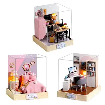 Desene animate DIY Miniatură casă de Păpuși din Lemn, Mobilier Kit Papusa Model de Casă de Copii Fata de Montessori BRICOLAJ, Jucarii pentru Copii, Cadouri de Craciun