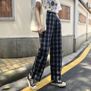 Pantaloni Femei Carouri Streetwear Supradimensionat Vintage Chic Pantaloni Femei Harajuku Trendy Toate-meci Femei Casual de Înaltă Talie Elastic