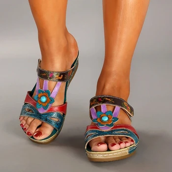 Sandale de vara femei etnice vânt flori retro boemia de moda casual, pene sandale plaja doamnelor plus dimensiune sandale noi