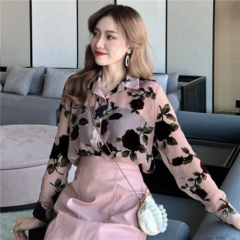 Moda Coreeană Femei Bluza Șifon Cămașă De Vară 2020 Femei Florale Imprimare Tricou Cu Maneci Lungi, A Se Vedea Totuși Transparent Topuri Sexy