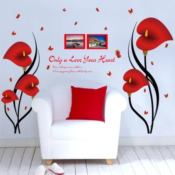 DIY Romantic Red Anthurium Flori Fluture Autocolante de Perete Rama Foto Citate Home Decor Detașabil de Vinil PVC Dormitor Deco Decalcomanii