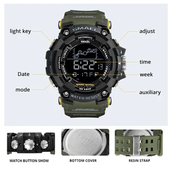 Ceas Digital de Înot 50M rezistent la apa SMAEL LED-uri Ceasuri Digitale de Distribuție de Afișare Săptămână Ceas Deșteptător 1802 Bărbați Ceasuri relogio Sport