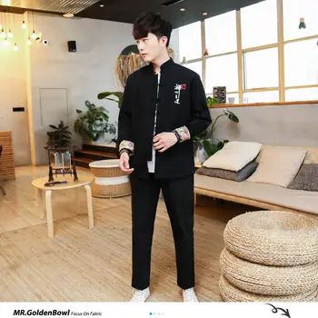 MrGoldenBowl Stil Chinezesc Bărbați Seturi de 2 buc Plus Dimensiune Toamna Tricourile Lenjerie de pat din Bumbac Pantaloni Casual Barbati Japonezi Set 5XL