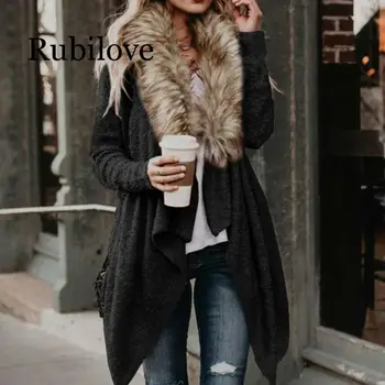 Rubilove Toamna De Moda De Iarnă Caldă Moale Îmbrăcăminte Exterioară Geaca De Femei Timp Deschis Cardigan Casual Faux Blana Guler Mare Paltonul Supradimensionat