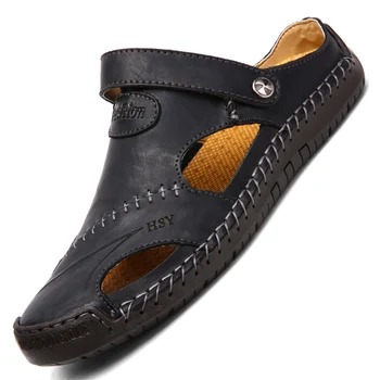 Sandale barbati piele mens pantofi de plajă pantofi moale Roman de Vară 2019 Papuci de casă în aer liber plus dimensiune 11 12 13 13.5 negru