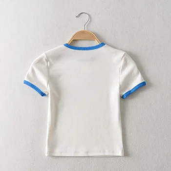 Vara Femei din Bumbac Alb T-Shirt de Imprimare O-Gât de sex Feminin cu Nervuri tricotate Tricouri Maneca Scurta Casual, Crop Topuri Doamnelor Strench Tee