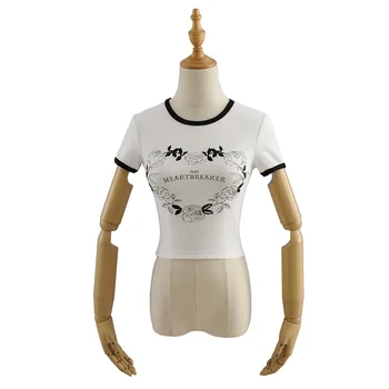Vara Femei din Bumbac Alb T-Shirt de Imprimare O-Gât de sex Feminin cu Nervuri tricotate Tricouri Maneca Scurta Casual, Crop Topuri Doamnelor Strench Tee