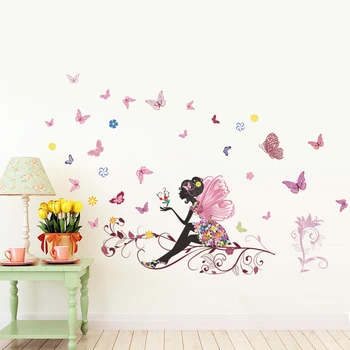 Fluture Zână Floare Autocolant de Perete Pentru Camera Copii Decor Reutilizabile DIY Fairy Flori Autocolante Camera Fetelor Decal Poster Mural
