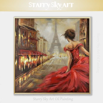 Livrare gratuita Mână-pictat de Înaltă Calitate, Frumoasă Doamnă Dans de la Paris Pictura in Ulei pe Panza Doamna cu Rochie Roșie Pictură în Ulei