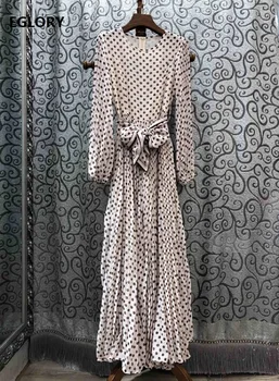 Elegant Rochie Lunga 2020 Stil De Primavara Femei O-Gât Polka Dot Print Bow Centura Mozaic Maneca Lunga Plisata Maxi Rochie Frumoasă