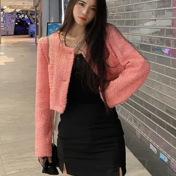 De Înaltă Calitate De Toamnă Uza Coreeană Stil Lux Elegant De Lână Sacou De Tweed Femei Culturilor Sus Brand Maneca Lunga Epocă Blana Scurta