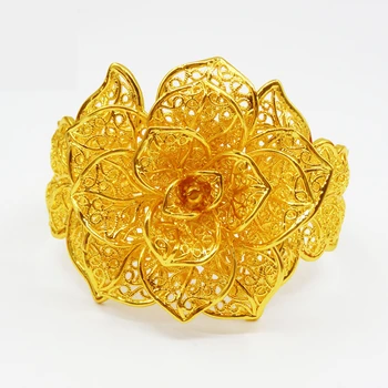 De Lux Filigran Cuff Brățară De Aur Galben Umplut De Flori În Formă De Femeile Rochii De Mireasa De Deschidere Bratara