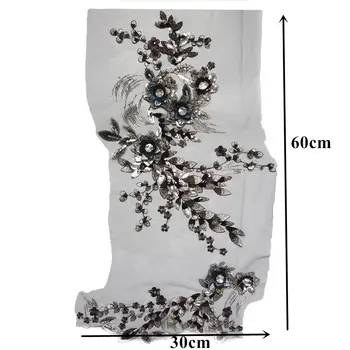 Negru Tesatura 3D Flori Margele Paiete Stras Aplicatii de Broderie Dantelă de Ornamente Plasă Coase Pe Patch-uri Pentru Rochie de Mireasa DIY