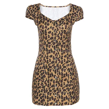 Gât pătrat leopard de imprimare rochie cu fusta șold sexy talie mare slăbire 2020 epocă винтажное платье сарафан halat ropa mujer