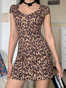 Gât pătrat leopard de imprimare rochie cu fusta șold sexy talie mare slăbire 2020 epocă винтажное платье сарафан halat ropa mujer