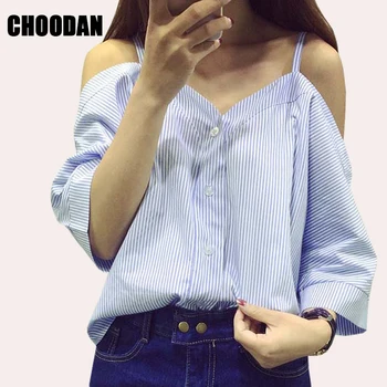 De Pe Umăr Bluza Tricou Femei 2018 Vara Noua Moda Stil Coreean 2017 Slash Gât Topuri Dungă Sexy Tricouri Femei Îmbrăcăminte