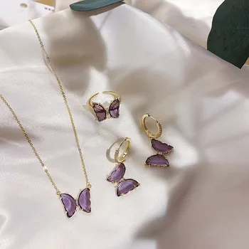 2020-coreean noua moda bijuterii cupru rafinat zircon incrustate sticlă fluture violet cercei colier inel deschis femei bijuterii