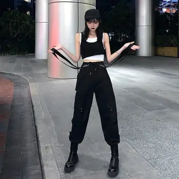 QWEEK Goth Pantaloni Femei Punk Plus Dimensiune Pantaloni Harajuku Înaltă Talie Pantaloni Supradimensionate Curea Detasabila Vrac Pantaloni Casual Emo