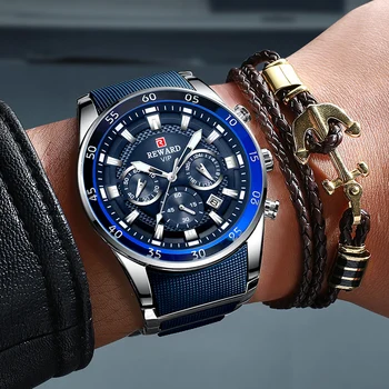 RECOMPENSA de Afaceri Ceas Sport Barbati Impermeabil Mens de Ceasuri de Top de Brand de Lux Cuarț Ceas Albastru Plin de Oțel Barbati Cronograf Ceas de mână