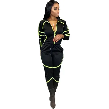 2020 Noi De Toamna Pentru Femei Costum De Sport Fierbinte Stil Patchwork Buzunare Cu Fermoar Stand De Guler Mâneci Lungi Cămăși Și Pantaloni 2 Bucata Set