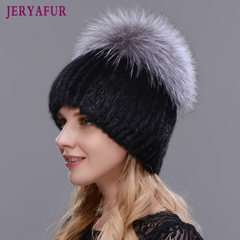 Fierbinte de Vânzare de Moda de Iarnă Caldă Femei Tricotat Capace de pălării Nurca Vertical de țesut cu Blană de VULPE Pe de Schi de Top capac
