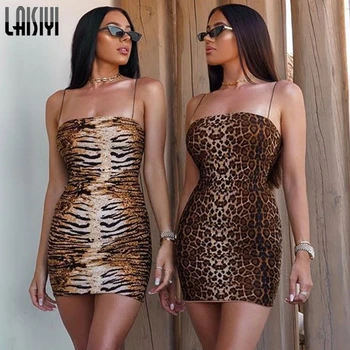 LAISIYI Leopard de Imprimare Tigru Curele de Spaghete Sexy Creion Rochie Mini Bodycon Femei fără Mâneci Vară Toamnă Petrecere de Club Vestidos