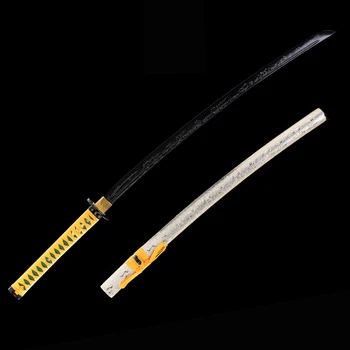 Handforged Japoneze Katana 1045 din Oțel carbon Full Tang Gravate de Bambus-Culoare de Aur-Decorative-Sabie de Lemn Învelit de Teaca din Piele