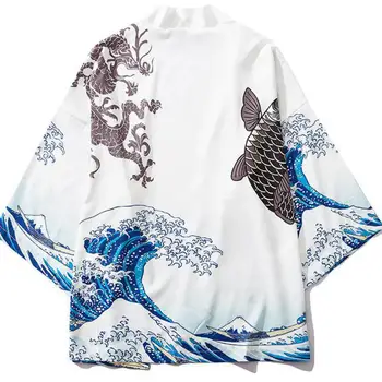 Japonia Stil Casual Streetwear Straturi Subțiri Japoneză Val Koi Print Kimono Cardigan Yukata Haori Halat De Jachete Barbati De Moda Uza