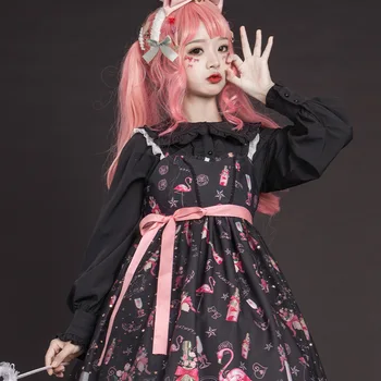 Noua Lolita Tricou Pentru Fete cu Maneca Lunga Guler de Papusa Drăguț Haine Retro Gothic Lolita Bluza Japonez Alb/Negru Topuri VO926
