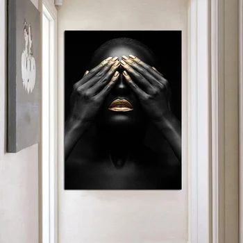 Mâna neagră și Buze de Aur-Femeie Nud Pictura Ulei pe Panza, Postere, Printuri Cuadros de Arta de Perete Imaginile Pentru Camera de zi