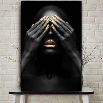 Mâna neagră și Buze de Aur-Femeie Nud Pictura Ulei pe Panza, Postere, Printuri Cuadros de Arta de Perete Imaginile Pentru Camera de zi
