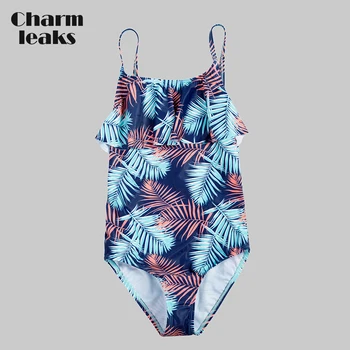 Charmleaks Fete-O Singură Bucată Costume De Baie Frunze De Imprimare De Costume De Baie Zburli Copii Bikini Reglabile Curea De Uzură Plajă